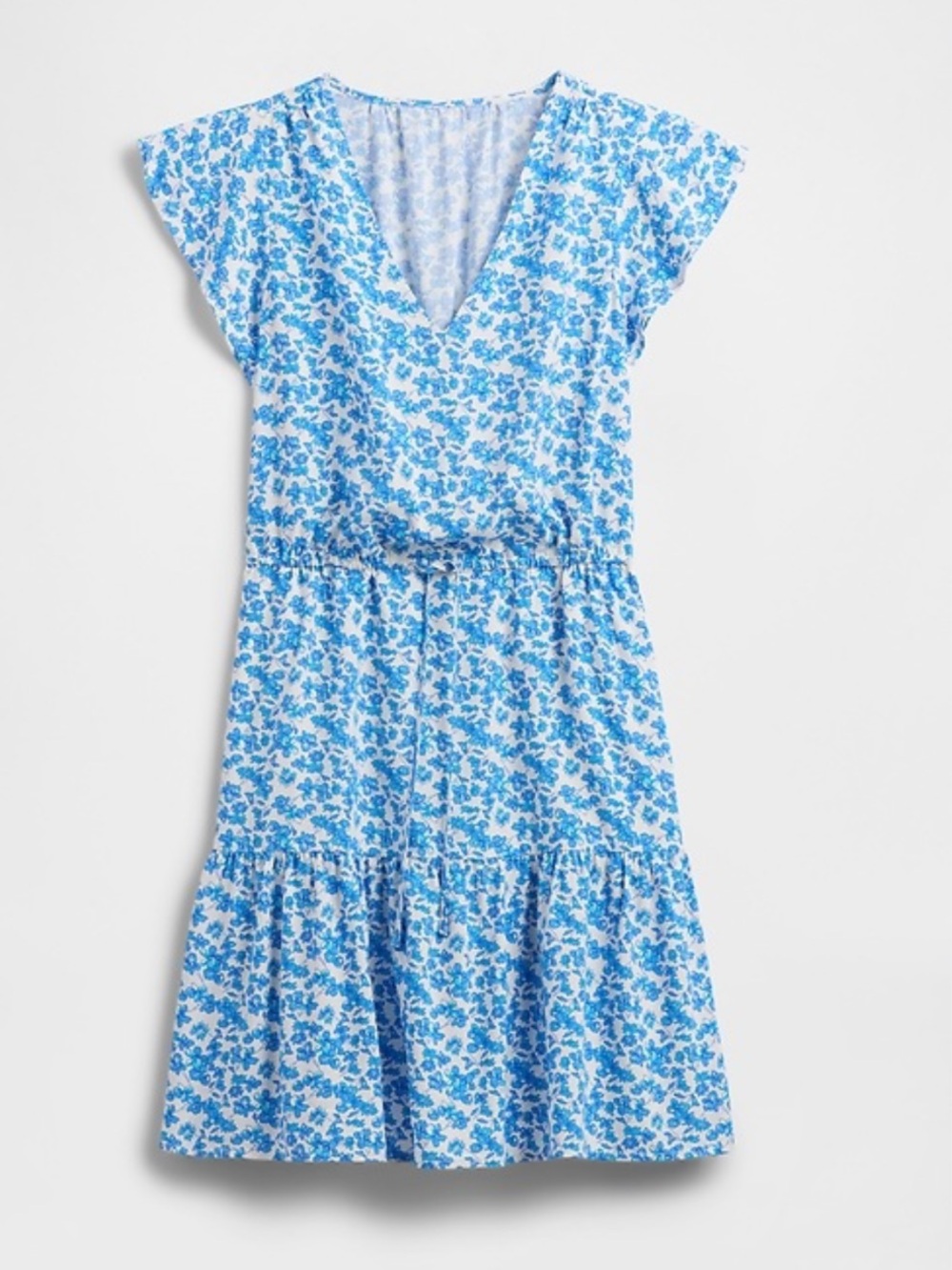 GAP White Blue Ditsy Floral Tiered Flutter Sleeve Mini Dress XS $55 KL EUC